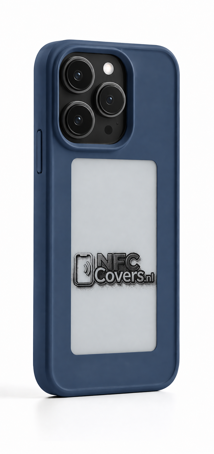 NFC E-Ink telefoonhoesje voor iPhone in blauw met E-Ink scherm op de achterkant