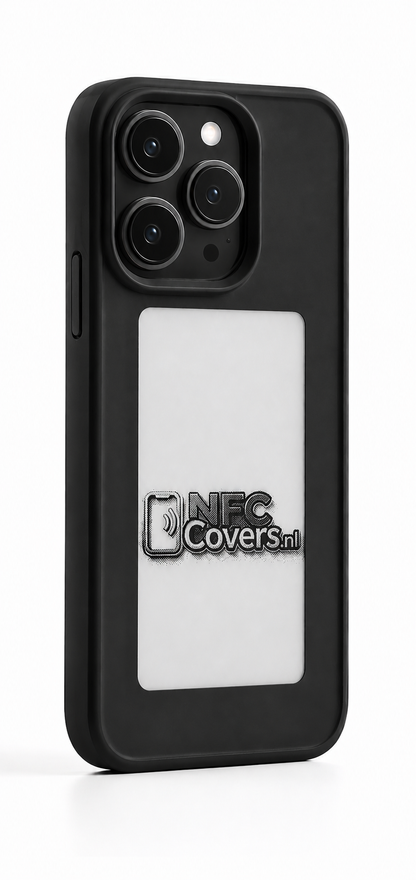 NFC E-Ink telefoonhoesje voor iPhone in zwart met E-Ink scherm op de achterkant