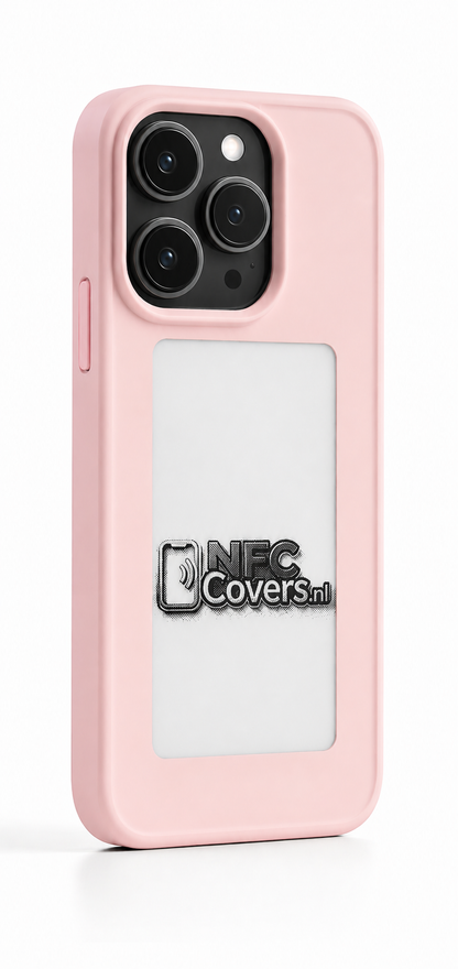 NFC E-Ink telefoonhoesje voor iPhone in roze met E-Ink scherm op de achterkant