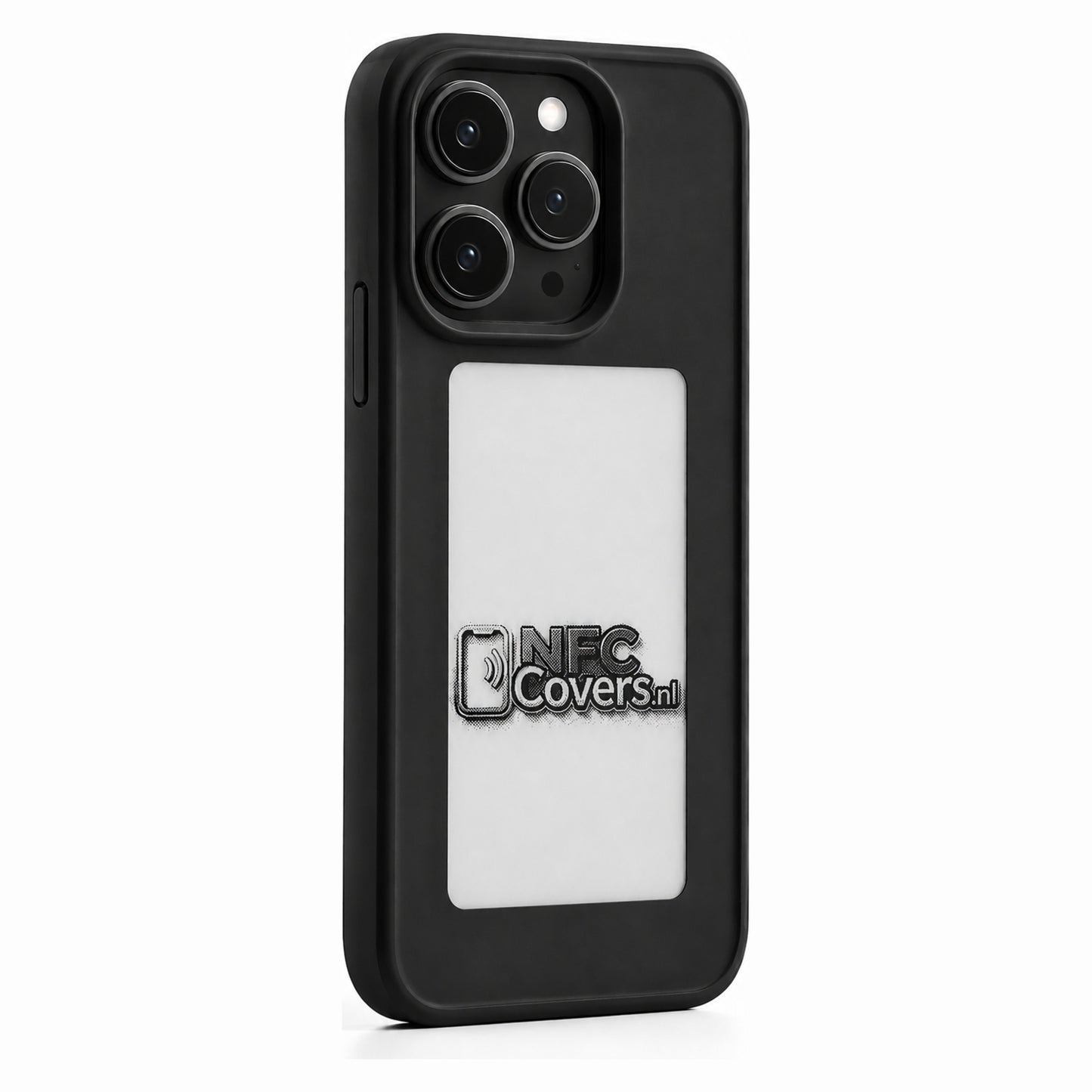 NFC E-Ink telefoonhoesje voor iPhone in zwart, volledig zichtbaar met E-Ink scherm op de achterkant