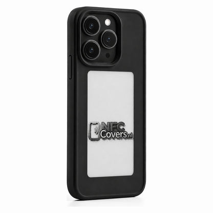 NFC E-Ink telefoonhoesje voor iPhone in zwart, volledig zichtbaar met E-Ink scherm op de achterkant