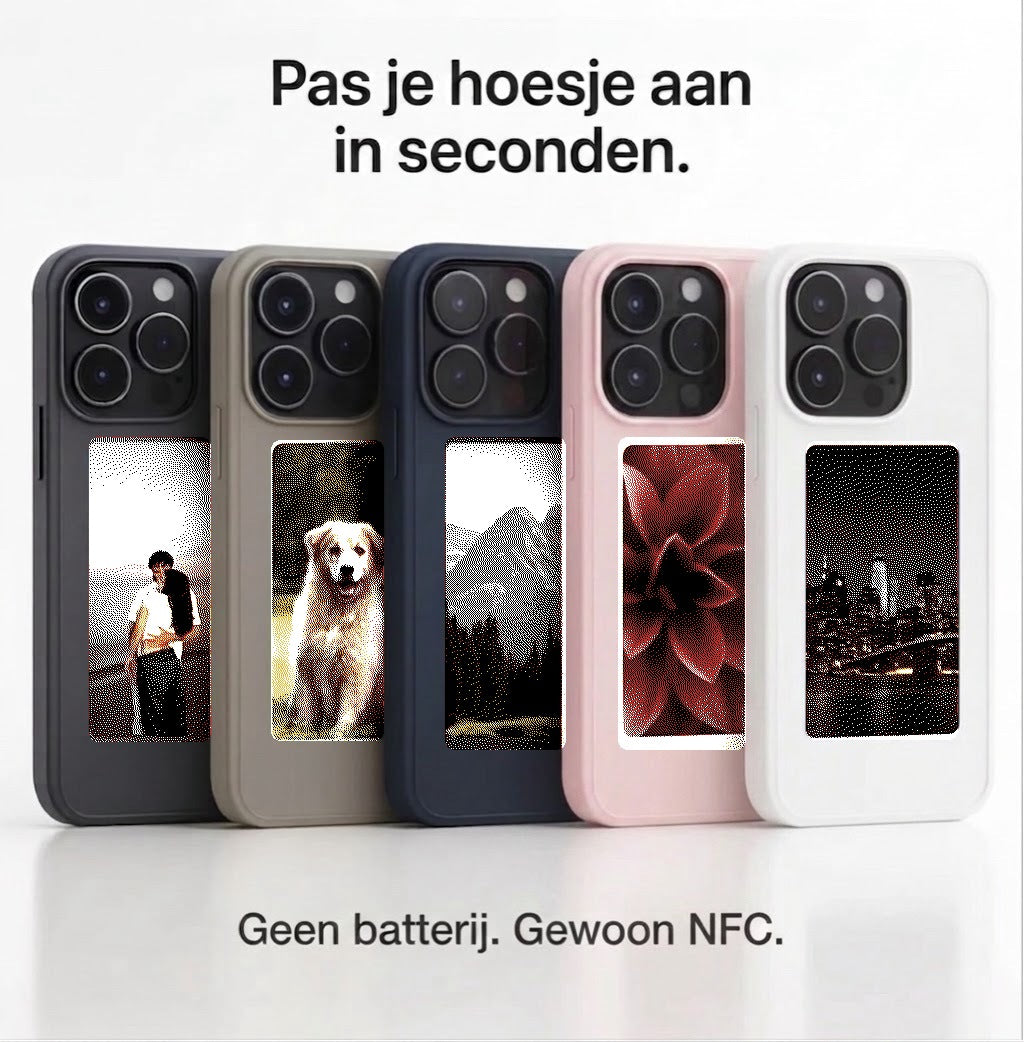Vijf kleuren van het NFC E-Ink telefoonhoesje, elk met een andere foto op het vierkleuren-inktscherm
